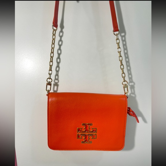 TORY BURCH Chain Shoulder Bag Two Way Clutch Leather Orange - Picture 2 of 8